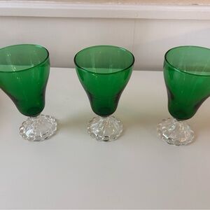 Set of 3 Antique Green Glass Goblets